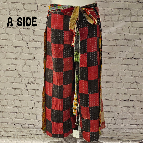 Front view of Ronin Kantha unisex wrap pants, made from recycled sari fabric in boho patchwork design.