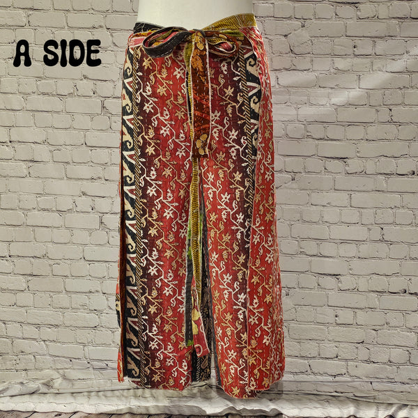 Front view of Ronin Kantha unisex wrap pants, made from recycled sari fabric in boho patchwork design.