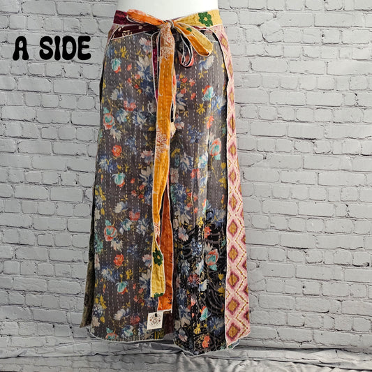 Boho unisex Kantha wrap pants, reversible cotton design with free-size waist tie.