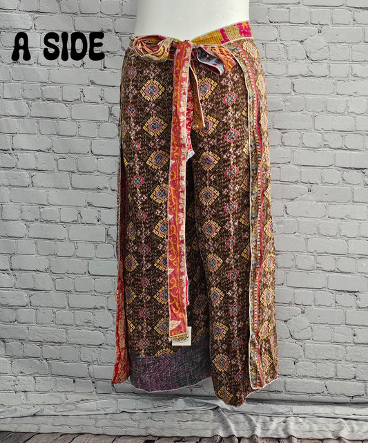 Ronin reversible Kantha patchwork pants in bohemian style, sustainable unisex fashion.