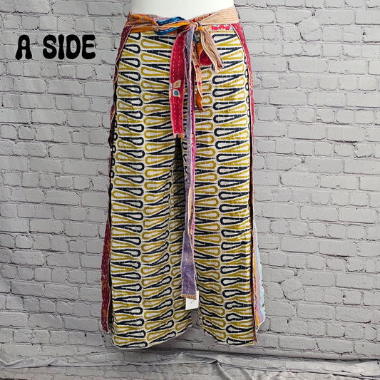 Bohemian reversible Kantha wrap pants, eco-friendly unisex loungewear.