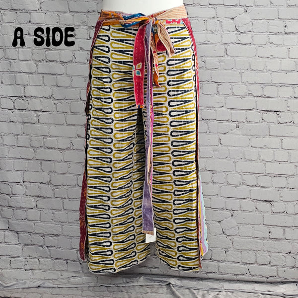 Bohemian reversible Kantha wrap pants, eco-friendly unisex loungewear.