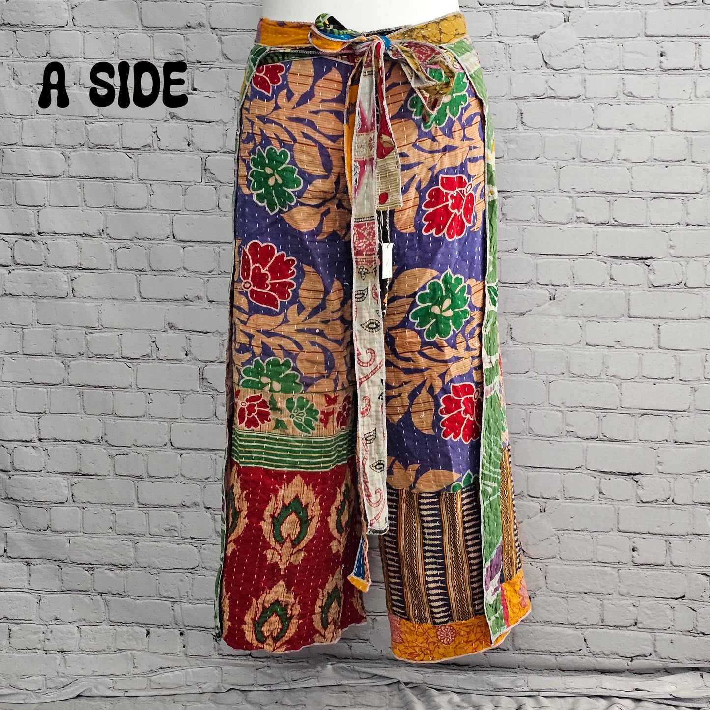 Reversible boho Kantha wrap pants, one-of-a-kind sari fabric in unisex style.