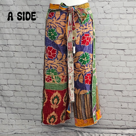 Reversible boho Kantha wrap pants, one-of-a-kind sari fabric in unisex style.