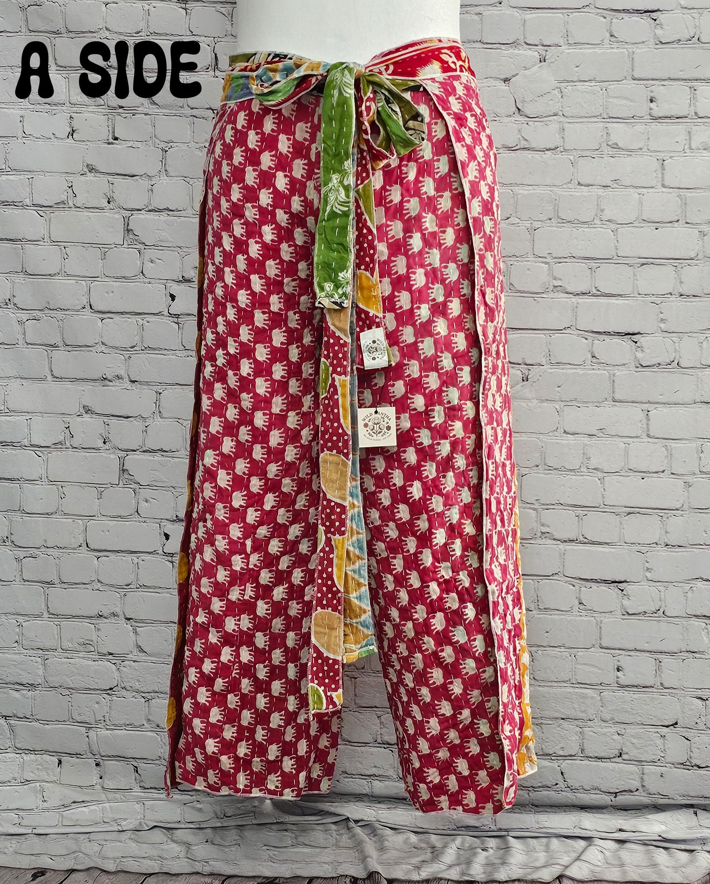 Ronin reversible Kantha boho pants, handcrafted from recycled saris, free-size fit.