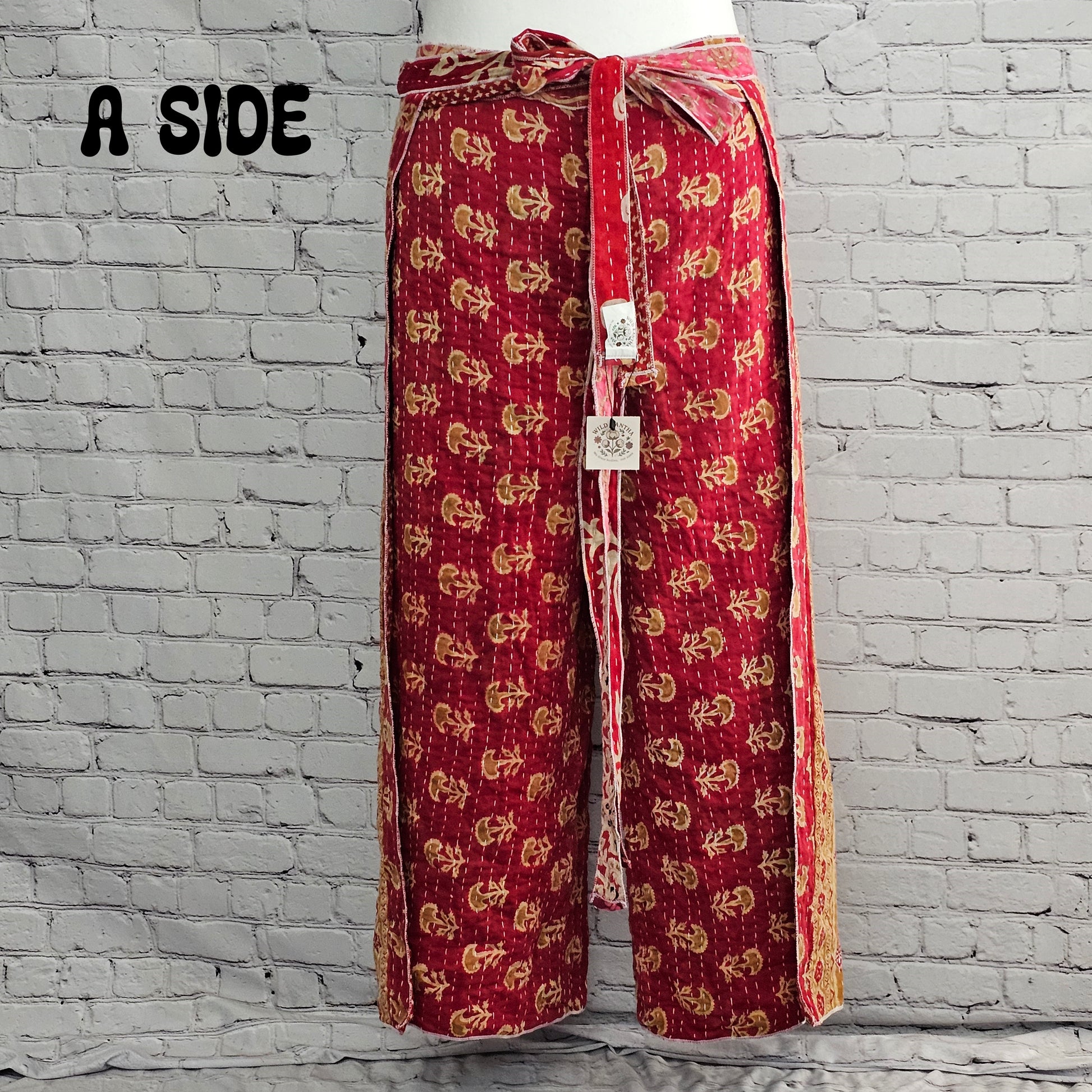 Unisex boho reversible Kantha wrap pants, sustainable cotton patchwork clothing.