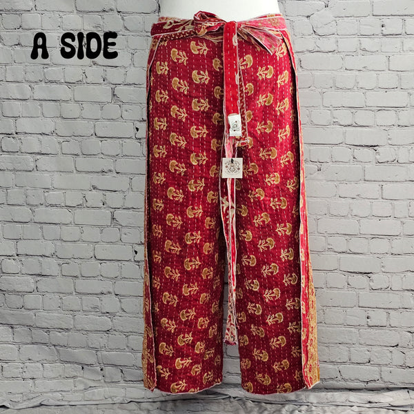 Unisex boho reversible Kantha wrap pants, sustainable cotton patchwork clothing.
