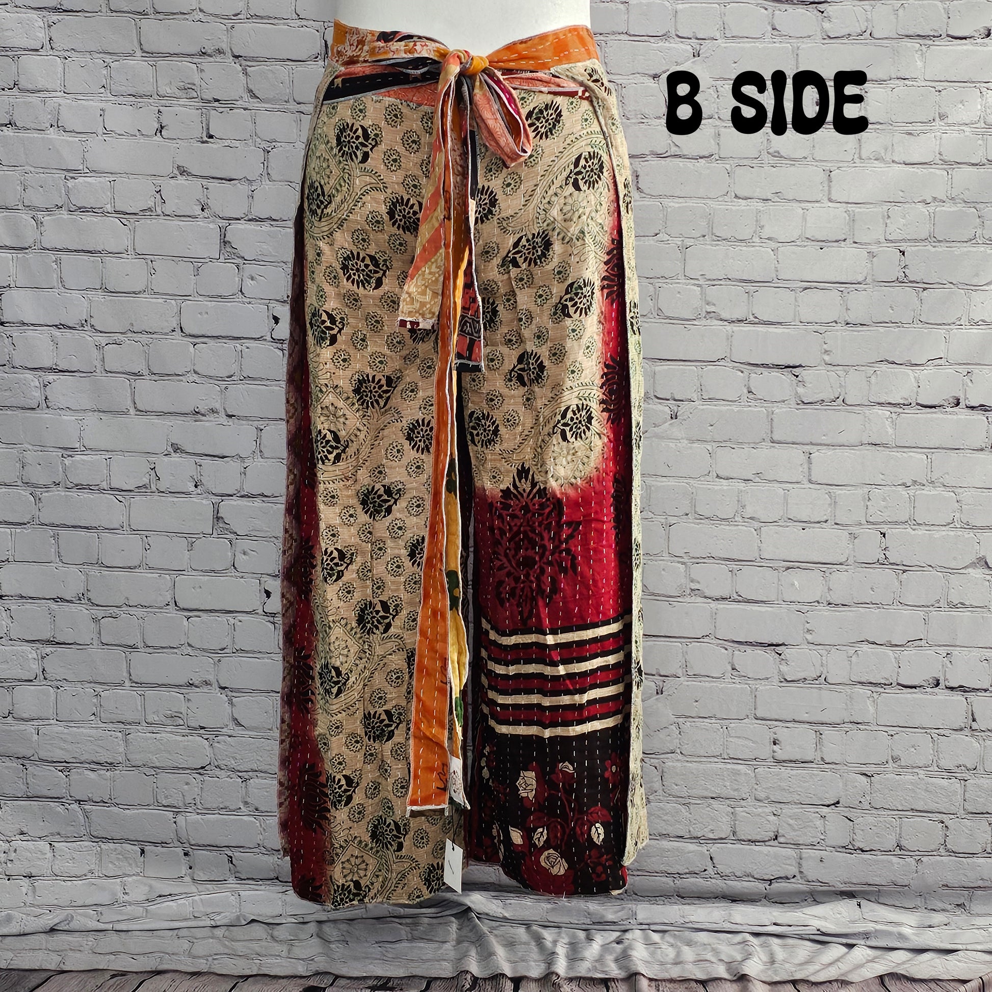 Boho unisex Kantha wrap pants, reversible cotton design with free-size waist tie.