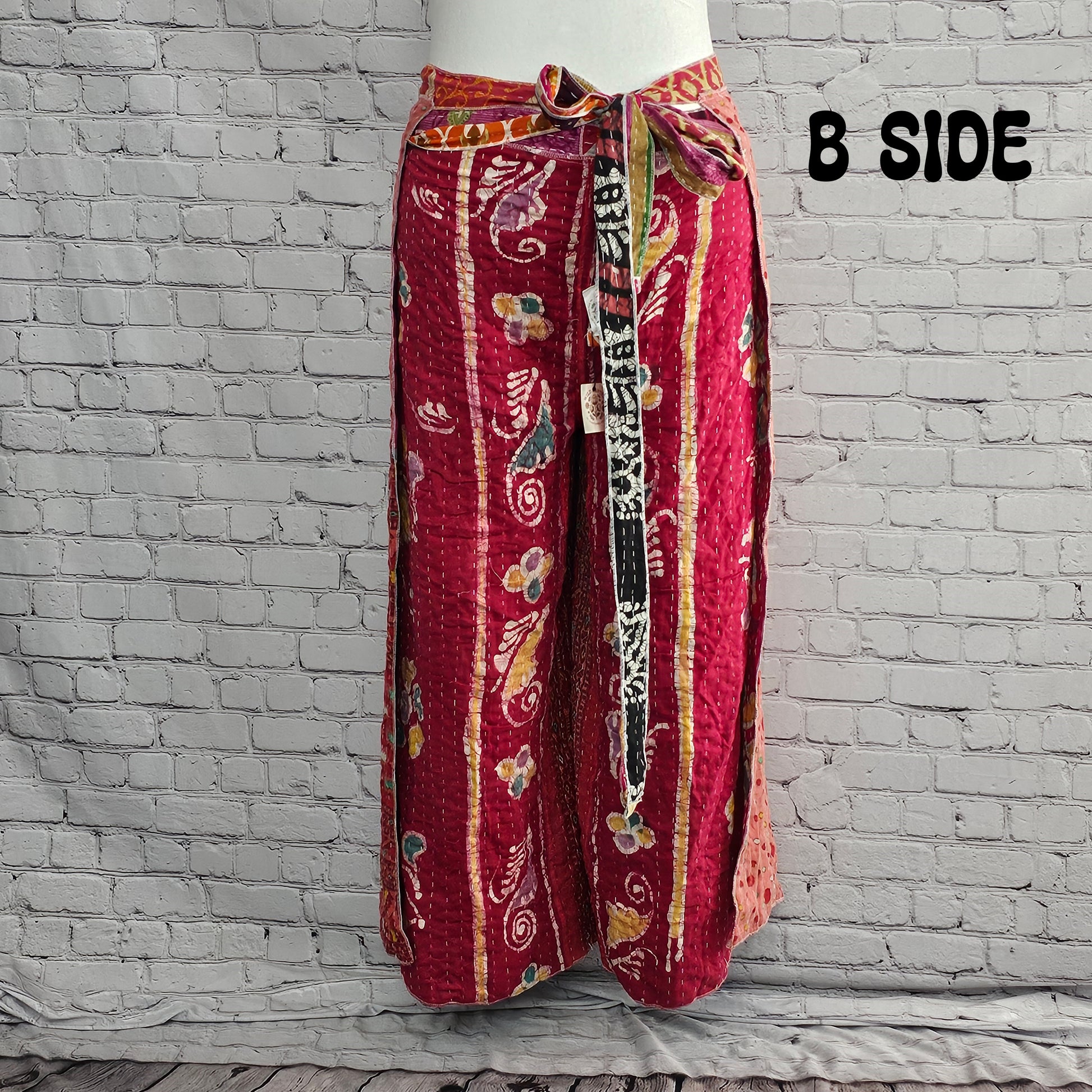 Reversible boho Kantha wrap pants, one-of-a-kind sari fabric in unisex style.