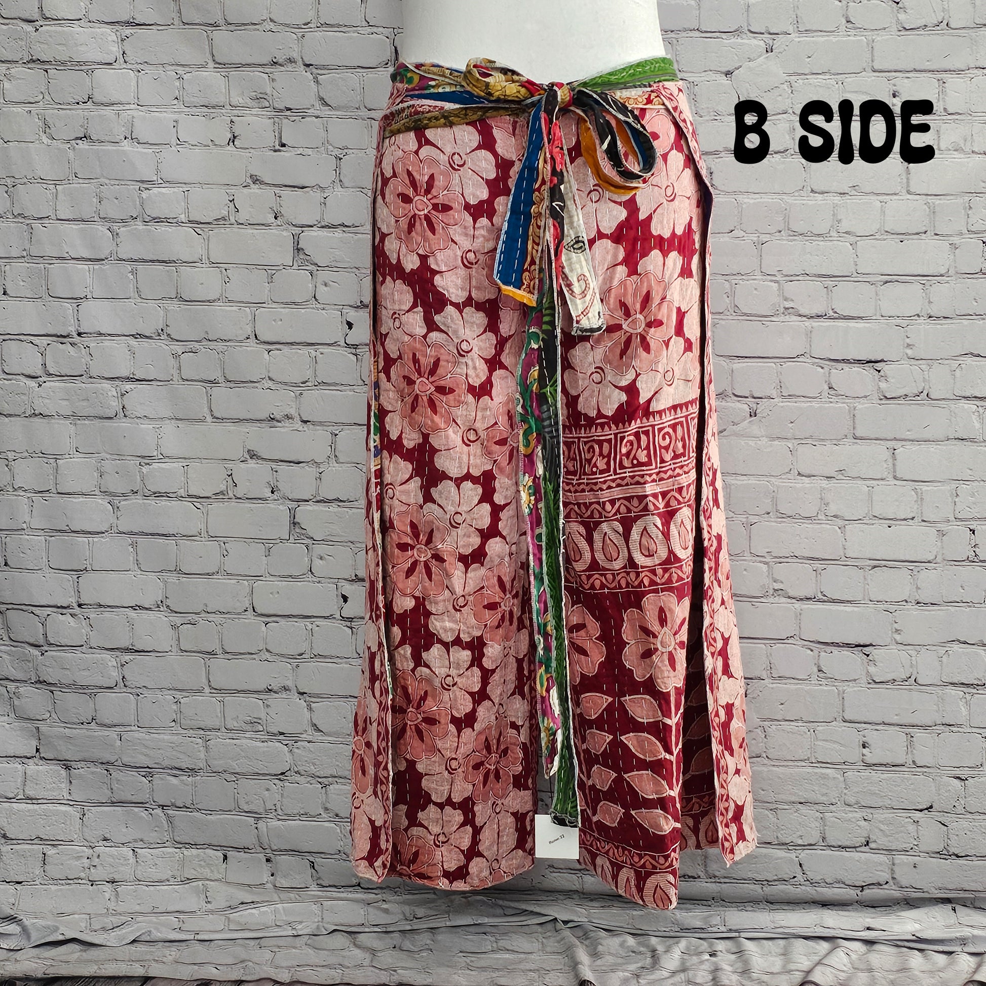 Reversible boho Kantha wrap pants, one-of-a-kind sari fabric in unisex style.