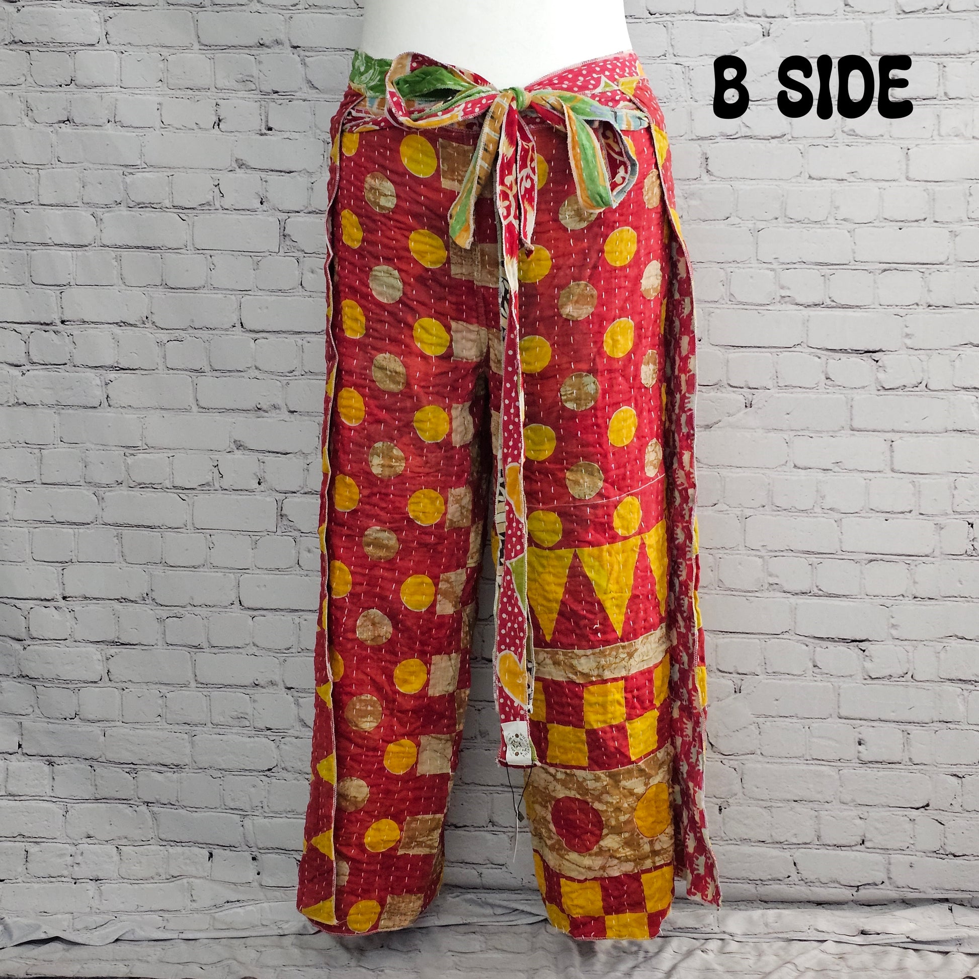 Unisex boho reversible Kantha wrap pants, sustainable cotton patchwork clothing.