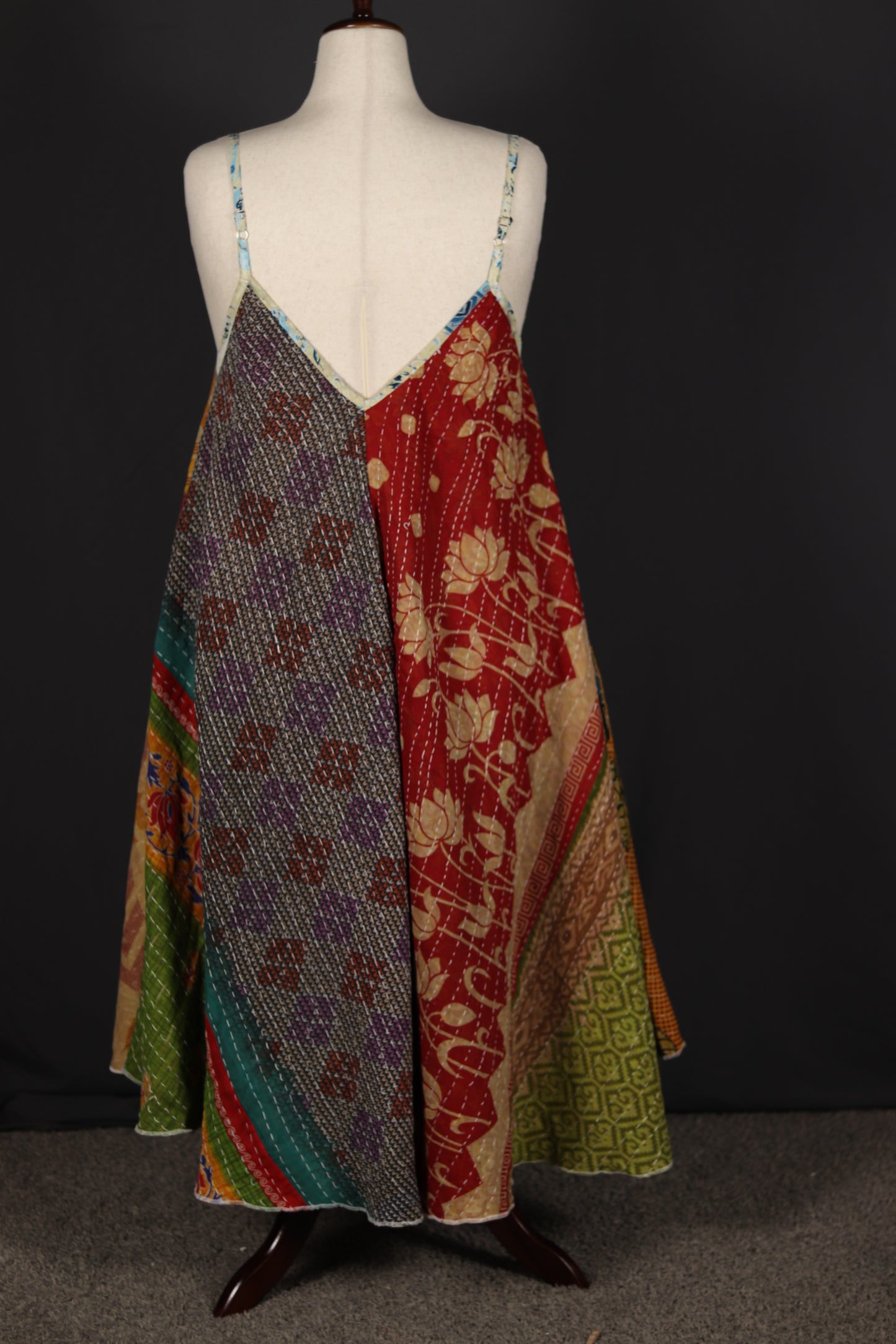 Back view of Sora Kantha boho patchwork dress, recycled sari fabrics with Kantha stitching.