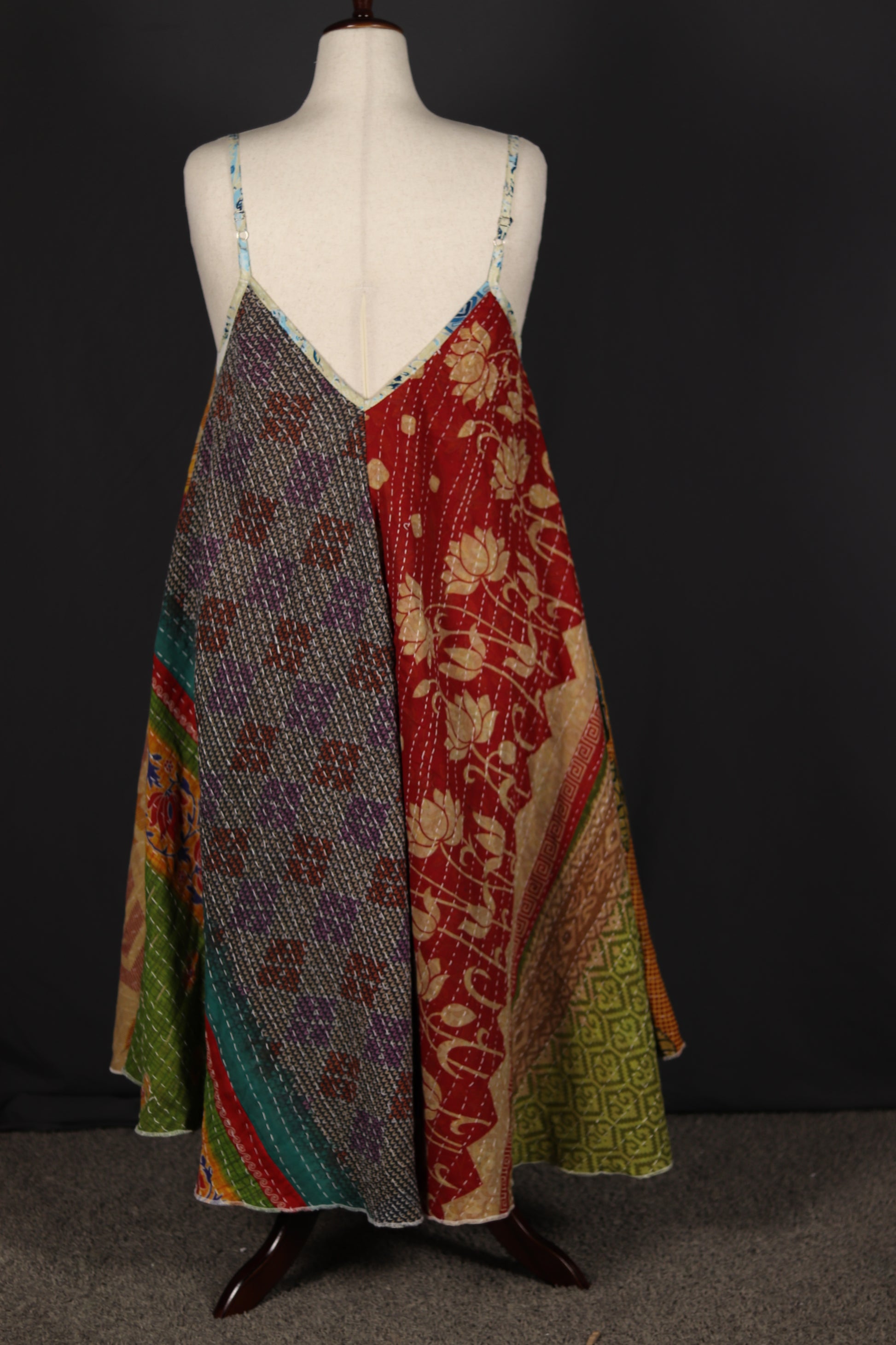 Back view of Sora Kantha boho patchwork dress, recycled sari fabrics with Kantha stitching.
