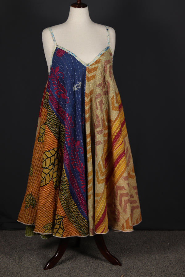 Bohemian Sora Kantha dress with flowing patchwork design, free-size fit front view.
